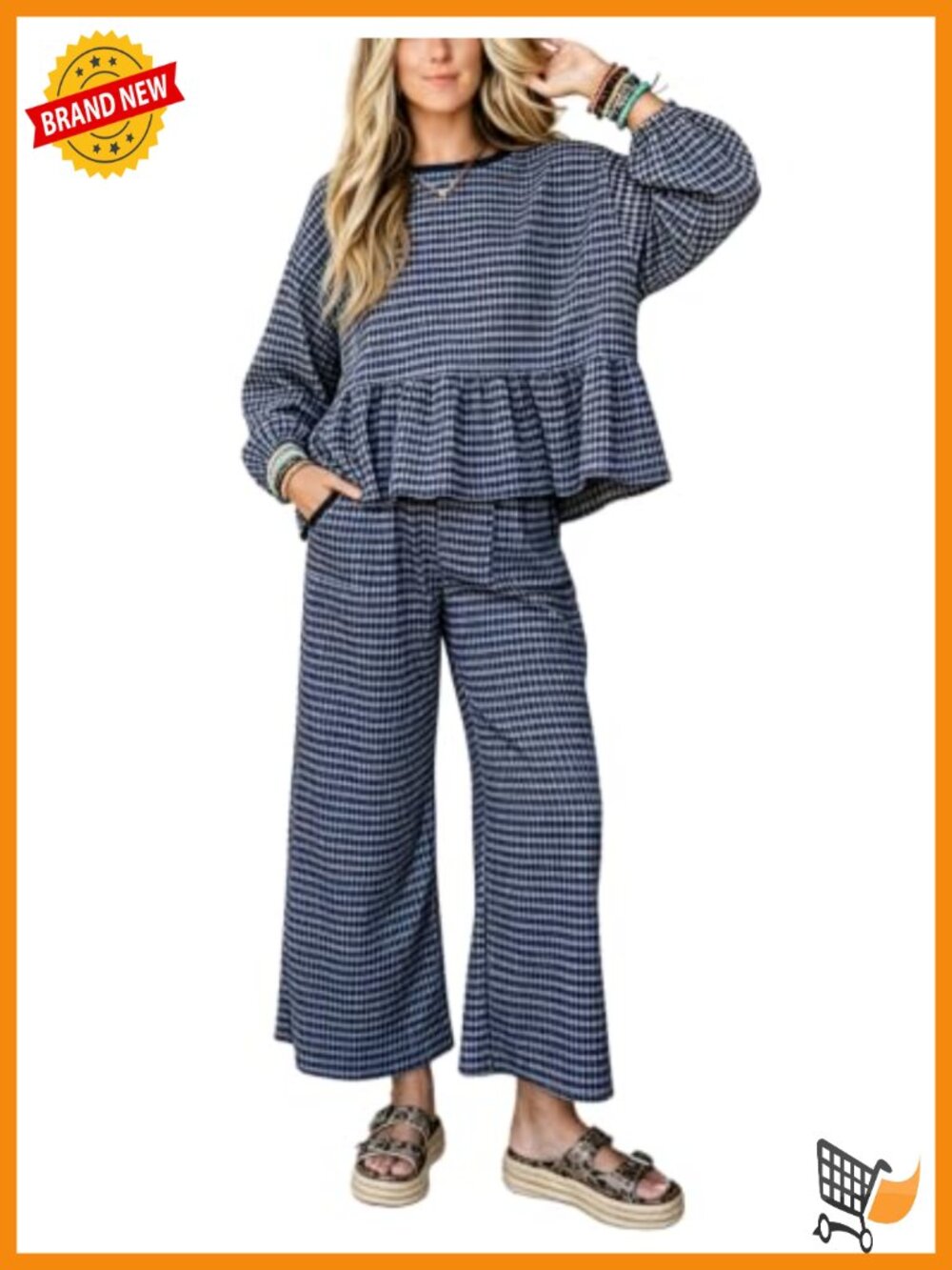 Gingham Two-Piece Lounge Set Peplum Top Wide Leg Pants